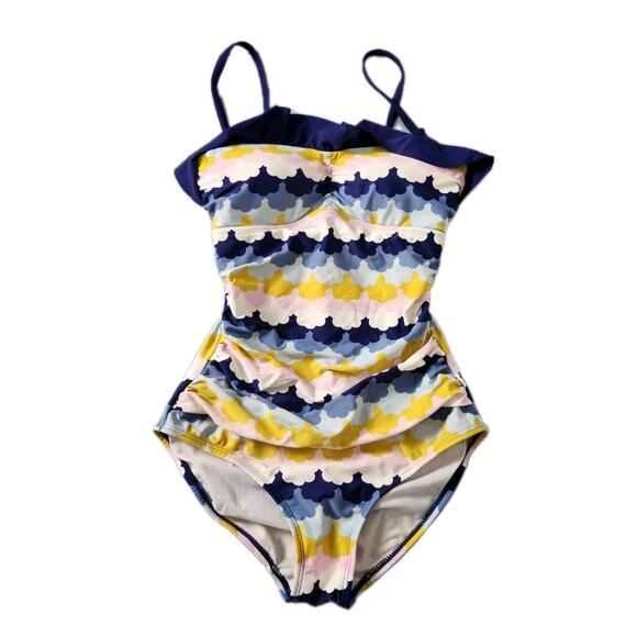 Boden One Piece Swimsuit Size 2 Blue Yellow Scolloped Striped Ruffle - Picture 1 of 6